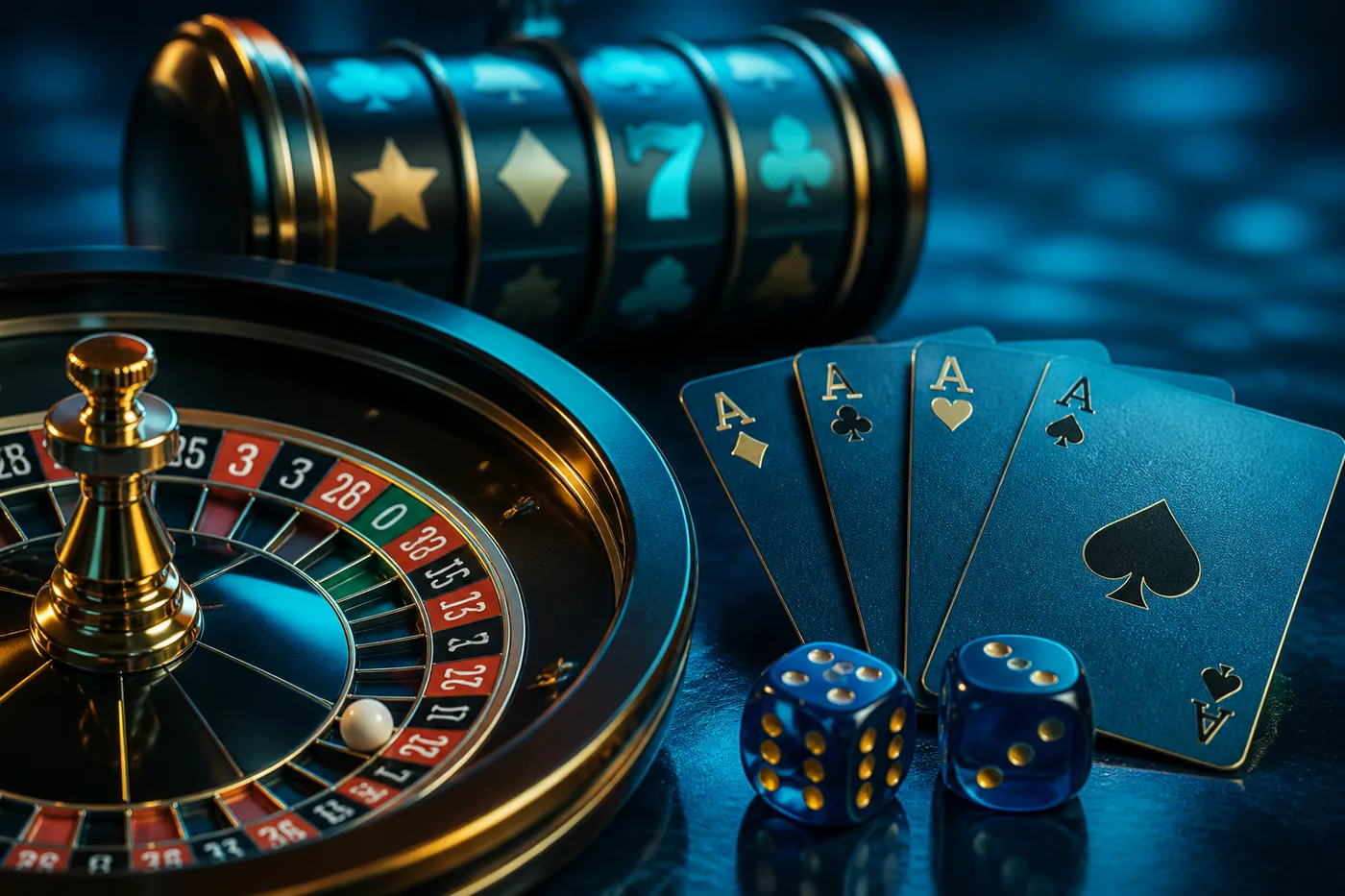 Roleta, cartas e símbolos genéricos representam categorias de jogos