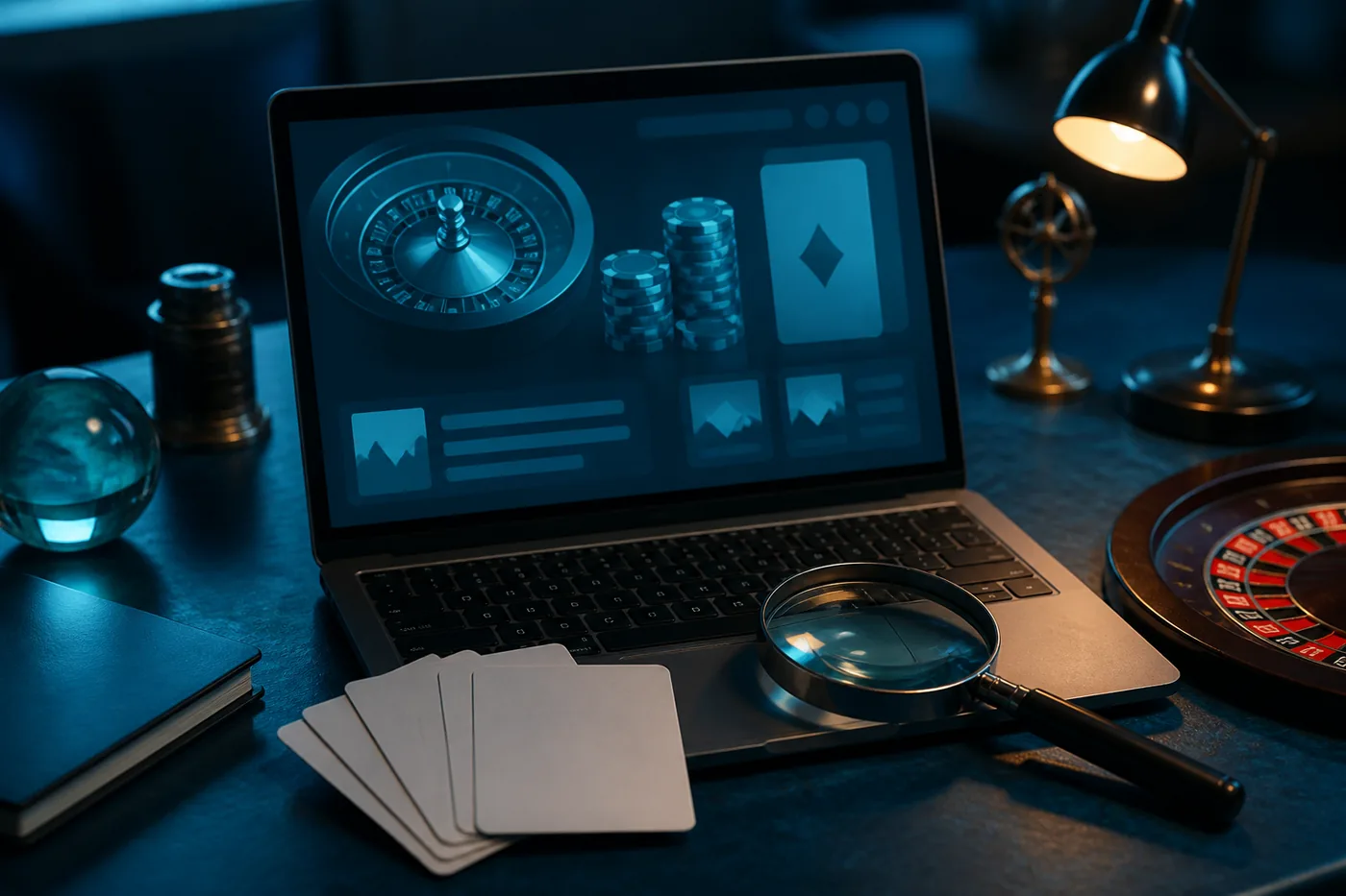 Notebook com catálogo fictício de jogos e lupa para avaliação